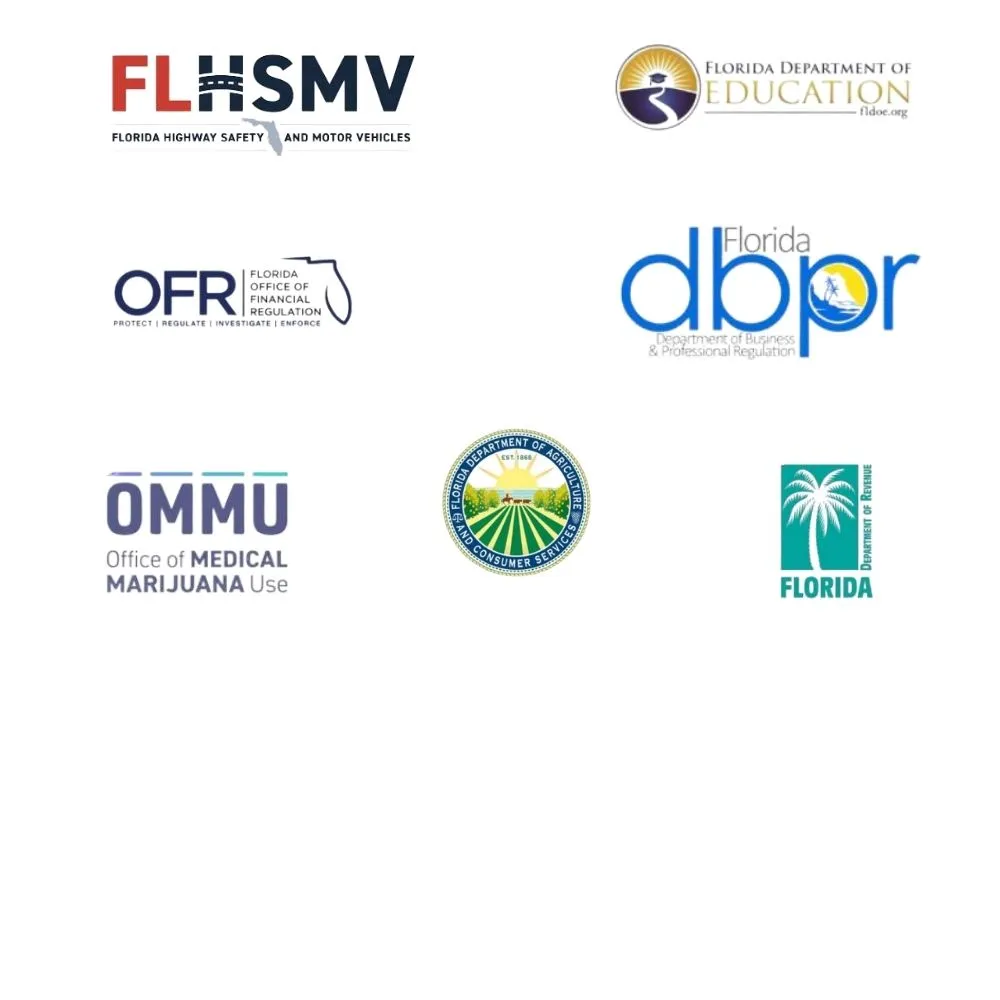 The image features seven logos of various Florida government agencies: FLHSMV (Florida Highway Safety and Motor Vehicles), DBPR (Department of Business and Professional Regulation), OFR (Office of Financial Regulation), OMMU (Office of Medical Marijuana Use), Florida Department of Education, Florida Department of Agriculture and Consumer Services, and Florida State logo with a palm tree.