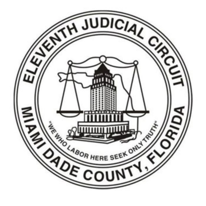 O selo do Décimo Primeiro Circuito Judicial do Condado de Miami-Dade, Flórida, apresenta uma ilustração de um prédio de tribunal com uma balança equilibrada acima dele. Ao redor da imagem está o texto "ELEVENTH JUDICIAL CIRCUIT" na parte superior e "MIAMI DADE COUNTY, FLORIDA" na parte inferior, simbolizando a autoridade dos Tribunais de Miami Dade sobre tutela e mudança de nome de adultos