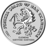 A circular silver emblem with the inscription "1955 - Florida Board of Bar Examiners" along the border. In the center, a griffin holding the Scales of Justice is depicted. Below the griffin, the Latin phrase "Clemens Iustitiae Custodia" is inscribed - a symbol for Florida Bar Attorneys.