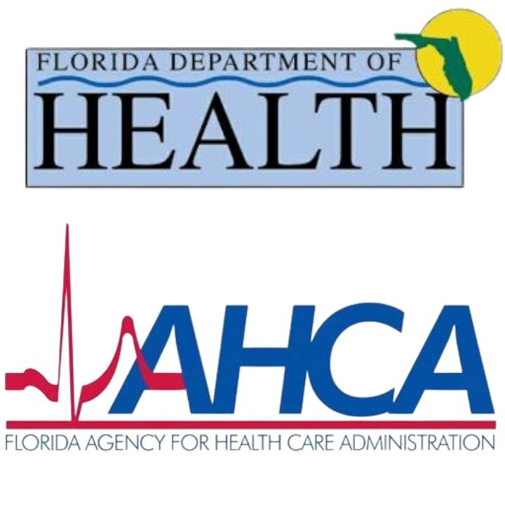 Logos of two Florida health agencies: The top logo is the “Florida Department of Health” with a sun and green state outline. Below, “AHCA”—Agency for Healthcare Administration—features a red heartbeat line. Ideal for Miami Beach Live Scan fingerprinting needs.