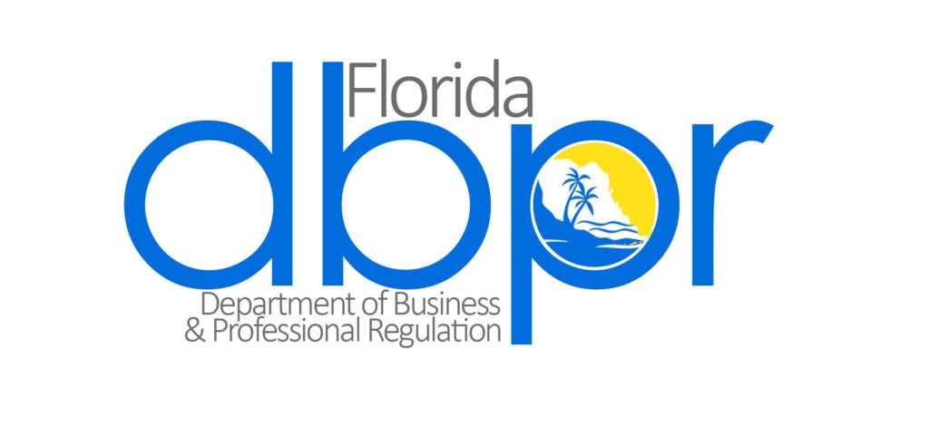 The image showcases the logo of the Florida Department of Business & Professional Regulation. It features large blue lowercase letters "dbpr" with a stylized sun, waves, and palm tree in the "p." Above is "Florida," and below in smaller text is Miami Beach Live Scan Fingerprinting.