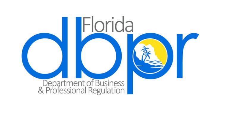 The image showcases the logo of the Florida Department of Business & Professional Regulation. It features large blue lowercase letters "dbpr" with a stylized sun, waves, and palm tree in the "p." Above is "Florida," and below in smaller text is Miami Beach Live Scan Fingerprinting.