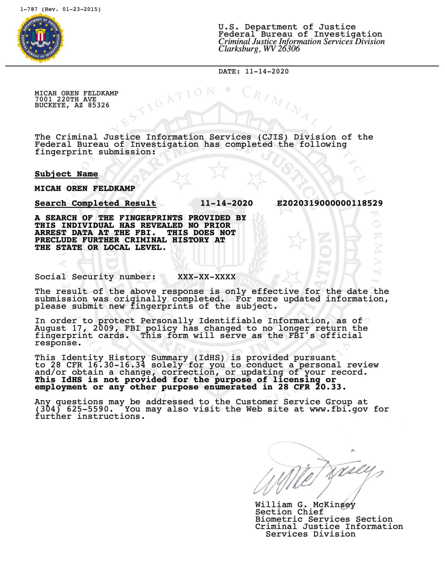 Example FBI background check report