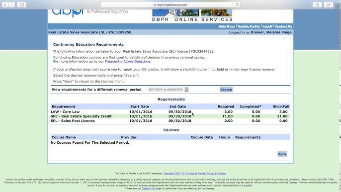 Screenshot of a web page detailing continuing education requirements for a Real Estate Sales Associate license renewal. The table lists essentials like LAW - Core Law, LSC - Real Estate Specialty Credit, and SPL - Sales Post License with dates, completed hours, and shortfalls, as per DBPR guidelines.