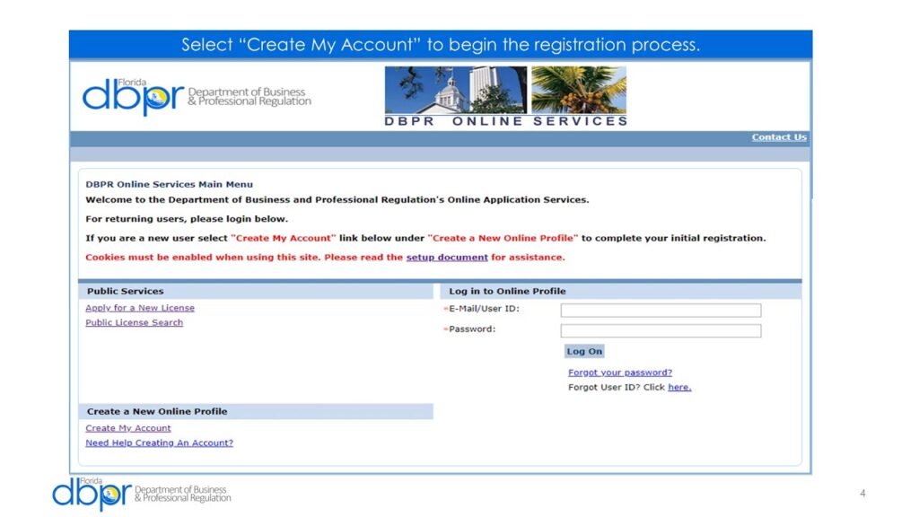 Screenshot of the DBPR Online Services page. Features a blue banner with the "dbpr" logo and instructions to select “Create My Account” to start the registration process. Options on the left include "Apply for a New License" and "Public License Search." Central section is for login credentials entry.