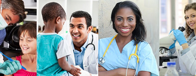 A collage of four images showcases healthcare professionals: a dentist assisting a girl, a male doctor with a boy, a smiling nurse with a stethoscope, and a scientist at her microscope. Their expertise reflects the dedication supported by the Agency for Healthcare Administration.