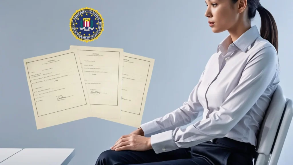 Una mujer con camisa blanca y pantalones oscuros está sentada a una mesa, con semblante serio. A su lado hay tres documentos de aspecto oficial. El sello del FBI y la mención de las apostillas del FBI sugieren un ambiente formal o de investigación. El fondo es sencillo y neutro.