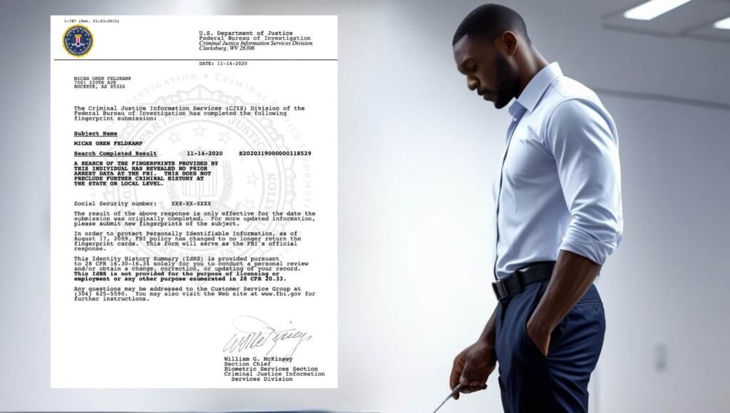 Un hombre con camisa azul está de pie en el interior, mirando pensativo hacia abajo, sosteniendo una tableta. A su lado hay una carta oficial de comprobación de antecedentes del FBI con un sello del gobierno, texto mecanografiado y una firma al pie. El ambiente es profesional.