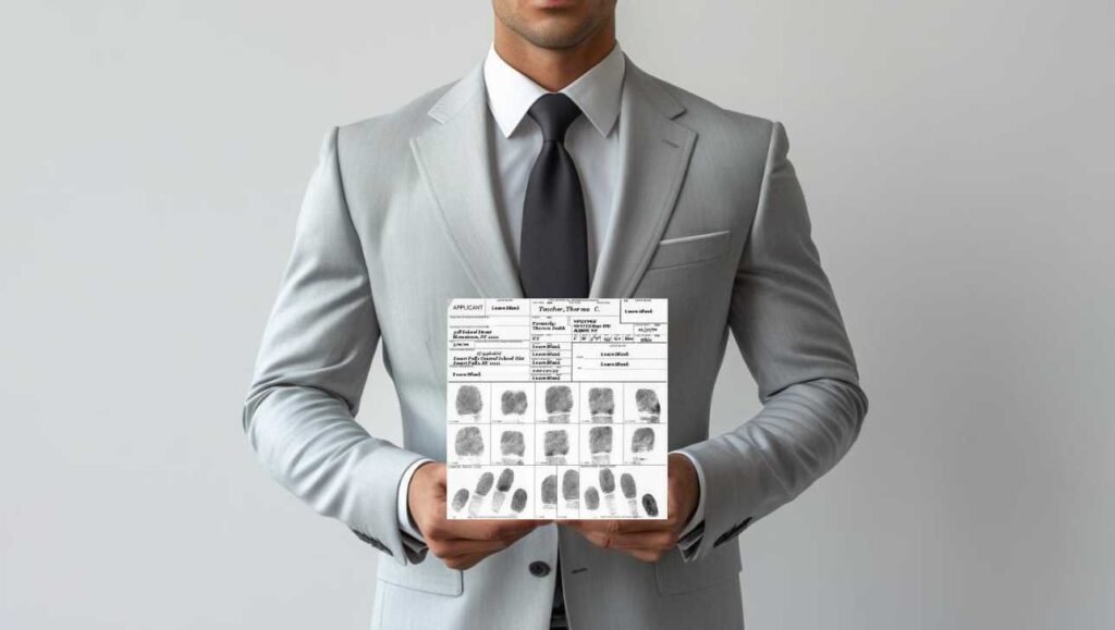Un hombre con traje gris claro y corbata oscura de pie sobre un fondo liso, sosteniendo una tarjeta de huellas dactilares FD 258 del FBI con varias huellas dactilares entintadas e información personal visible en el papel, centrada delante de su torso.