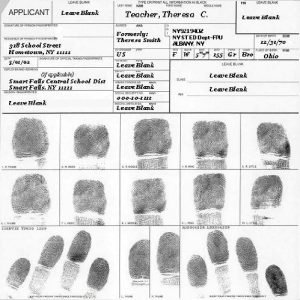 A fingerprint card labeled with "Teacher, Theresa C." shows personal details, including address, birthdate, and occupation. The card displays ten fingerprint impressions, one for each finger, with blank spaces for other information.